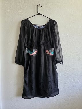 Black Long-Sleeve Dress with Embroidered Pocket Motif